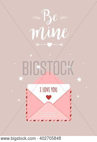 Valentines Day Greeting Card. Pink Envelope Set In Cartoon Style. Mail With Love Message. I Love You