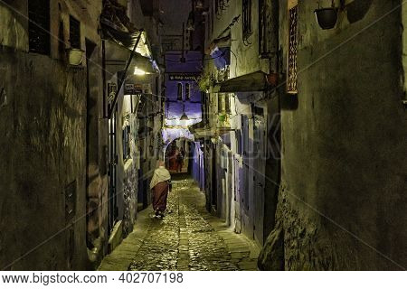 Chefchaouen, Morocco - May 29, 2017: Night View In Medina Of Chefchaouen. The City Is Noted For Its 