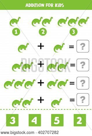 Addition Worksheet With Green Brontosaurus. Math Game.
