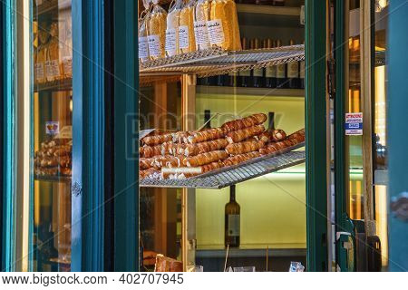 Bergamo, Italy - May 22, 2019: Rolls With Cream In The Window Of One Of The Cafes In Upper Bergamo (