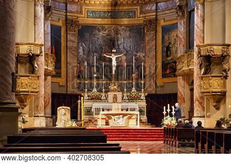 Bergamo, Italy - May 22, 2019: Interior Of The Roman Catholic Church Sant'alessandro In Colonna (ded