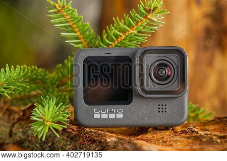 Tallinn, Estonia - December 11, 2020: Gopro Hero 9 Black Action Camera Outdoors In Forest