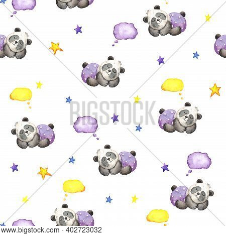 Watercolor Illustration Of Cute Pattern Panda In Purple Shorts Sleeps Among The Stars And Clouds. Ch