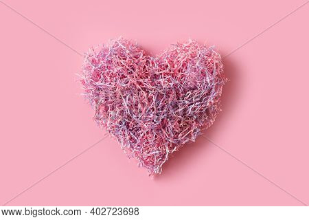 Shape Of Pink Heart Like Tangle Of Packaging Material, Greeting Card On Pink Background, Flat Lay
