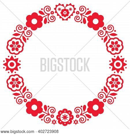 Polish Folk Art Vector Round Frame Design With Flowers And Heart Inspired By Traditional Highlanders