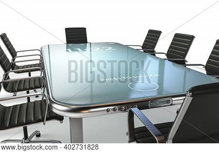 A Modern Concept Showing An Array Of Boardroom Office Chairs Convened For A Meeting Around An Illumi