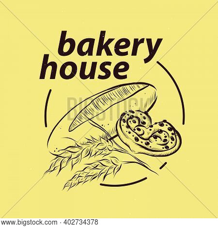 Bakery House Logo Design With Hand Drawn Wheat, Bun And Bread Baguette Illustration. Vector Doodle S