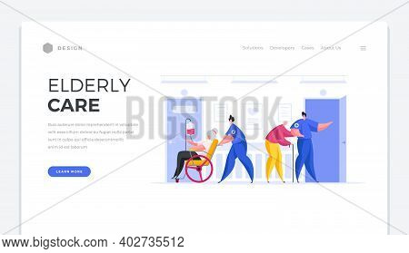 Caring For Elderly Landing Page Template. Male Characters Nurses In Specialized Asscostumes Help Old