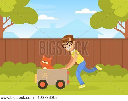 Boy Playing With Cat On Backyard, Kid Ushing Car With Pet Animal In It Cartoon Vector Illustration