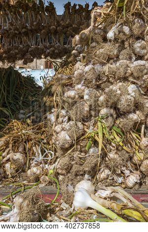 Fresh garlic for sale on the farmers market in Sicily, Italy