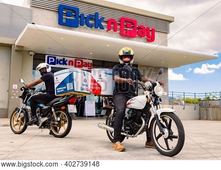 Express Service Home Delivery Bikes With African Riders Outside Local Pick N Pay Grocery Store