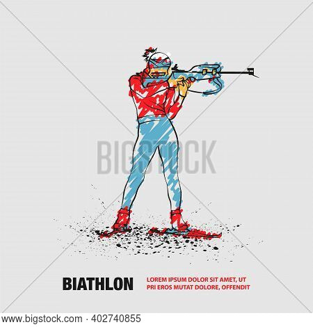 Biathlon Girl Shooting In The Stand Position. Vector Outline Biathlon Ski Illustration With Scribble