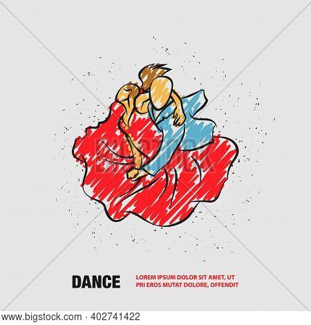 Couple Dancing Tango. Vector Outline Dance Illustration With Scribble Doodles Style Drawing.