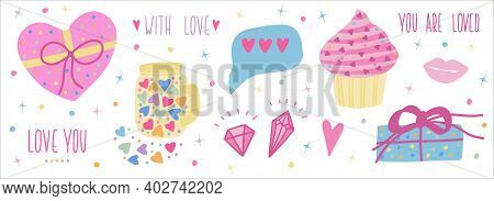 Set For Happy Valentines Day. Cute Hand Drawn Elements And Lettering. Ideal For Card Poster Print. H