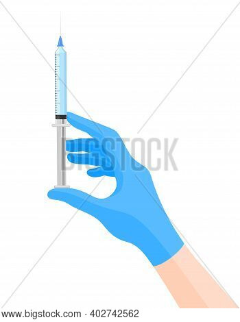 Doctor's Hand In Blue Gloves Holding Coronavirus, Covid-19 Vaccine. Vaccination Shot, Medicine And D