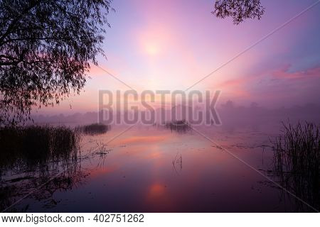 Magic Sunrise Over The Lake. Misty Early Morning, Rural Landscape, Wilderness, Mystical Feeling. Ser