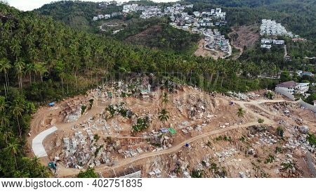 Tropical Terrain Covered With Endangered Forests And Luxury Villas. Drone View Of Large Tropics With