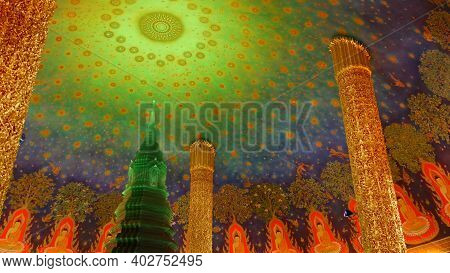 Bangkok, Thailand - 13 July, 2019: Wat Pak Nam Or Paknam Traditional Oriental Buddhist Temple Interi