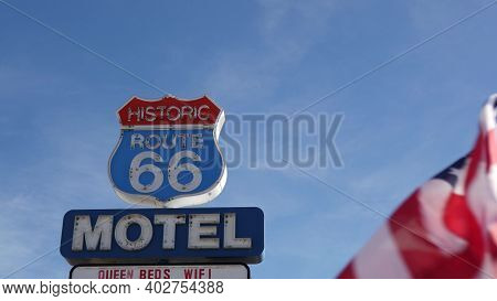 Motel Retro Sign On Historic Route 66 Famous Travel Destination, Vintage Symbol Of Road Trip In Usa.