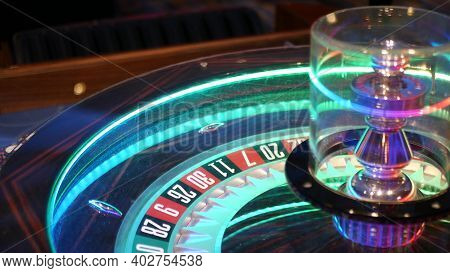 French Style Roulette Table For Money Playing In Las Vegas, Usa. Spinning Wheel With Black And Red S