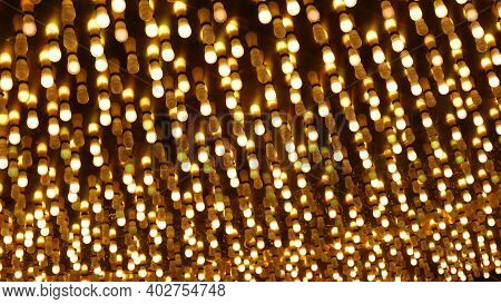 Old Fasioned Electric Lamps Blinking And Glowing At Night. Abstract Close Up Of Retro Casino Decorat
