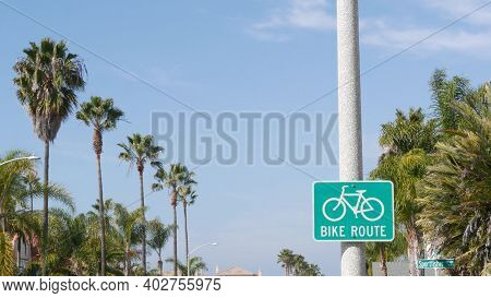 Bike Route Green Road Sign In California, Usa. Bicycle Lane Singpost. Bikeway In Oceanside Pacific T