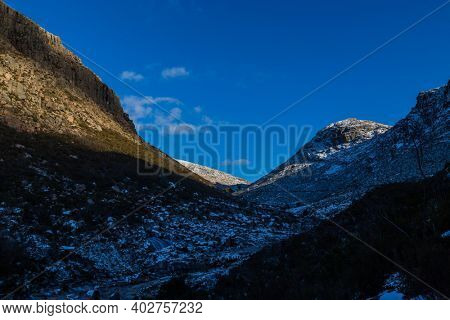 Winter landscape with snow in mountains of Serra do Geres natural park, Portugal