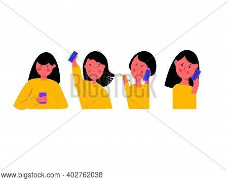 Women With Phone.flat Cartoon Characters Isolated On White Background.