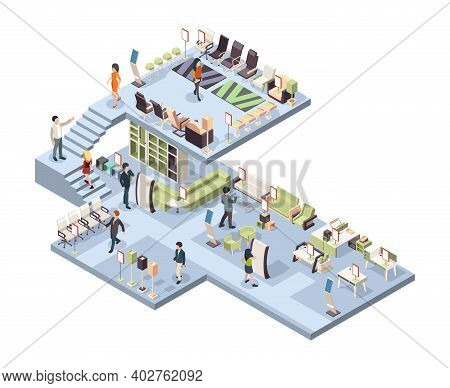 Furniture Shop. Buyers Walking In Big Furniture Store Garish Vector Isometric Interior. Store Furnit
