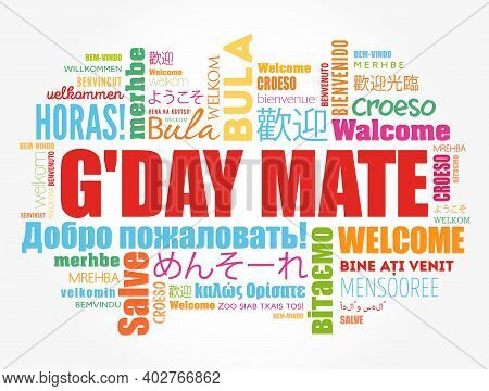 G'day Mate (welcome In Australian) Word Cloud In Different Languages, Conceptual Background
