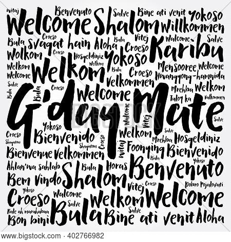 G'day Mate (welcome In Australian) Word Cloud In Different Languages, Conceptual Background