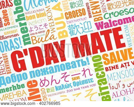 G'day Mate (welcome In Australian) Word Cloud In Different Languages, Conceptual Background