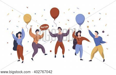 Celebration People. Happy Characters Group Celebration Party Standing Jumping With Gift Confetti And