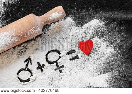 Sign Of Man And Woman Made On Flour Equally Love. Love Man And Woman Together, Red Heart Shape, Flou