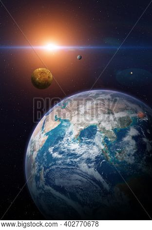 View Of The Planet Earth From Space. Solar System Planets: Earth, Venus, Mercury. Terrestrial Planet