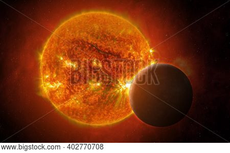 View Of The Planet Mercury And Sun From Space. Mercury - Solar System Planet. Terrestrial Planets. S
