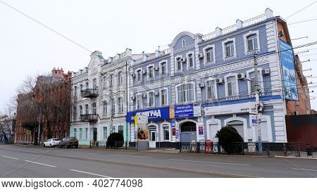 Astrakhan, Russia, January 7, 2021. Old Buildings Of The City. Admiralteyskaya Street.