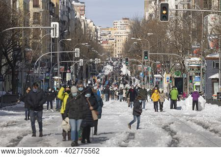 Madrid, Spain - January 10, 2021: General View Of Narvaez Street, Full Of People Enjoying The Sun An