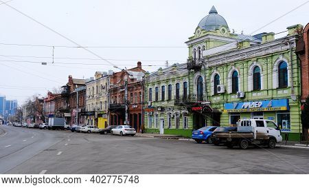 Astrakhan, Russia, January 7, 2021. Old Buildings Of The City. Admiralteyskaya Street.