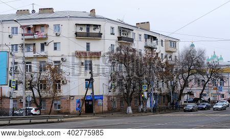 Astrakhan, Russia, January 7, 2021. Old Buildings Of The City. Admiralteyskaya Street.
