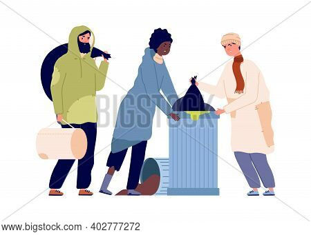 Poor People In Trash Can. Refugee Problems, Man Woman Find Food Or Clothes. Homeless Vector Characte