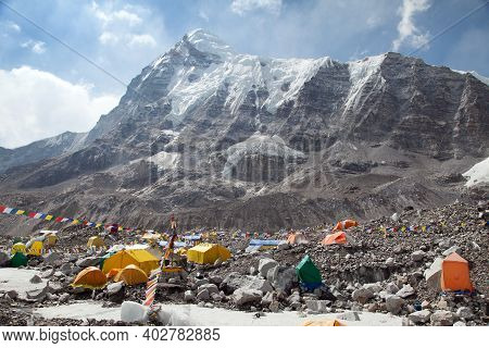 View From Mount Everest Base Camp, Tents, Prayer Flags And Mount Pumori, Sagarmatha National Park, K
