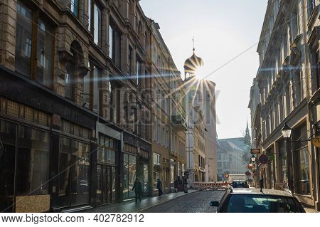 Zgorzelec Gorlitz January 27 2020 Sun Rise And Shine At Top Of Tower At End Of The Road