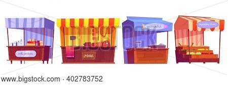 Food Market Stalls With Fruits, Vegetables, Milk, Meat And Fish On Counter And In Crates. Vector Car