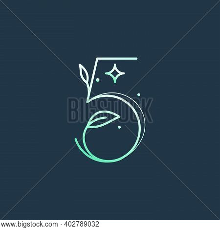 Number Five Logo With Graceful With Moon, Stars And Leaves Decoration. It Is Perfect To Use In Any V