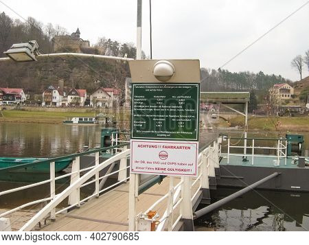 Rathen, Saxon Switzerland, Germany - March 26, 2018: The Rathen Ferry Is A Passenger Cable Ferry Tha