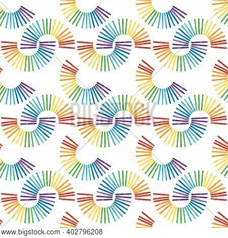 Seamless Pattern With Rainbow Color Wooden Ice Cream Sticks On White. Multicolored Abstract Arc, Hal