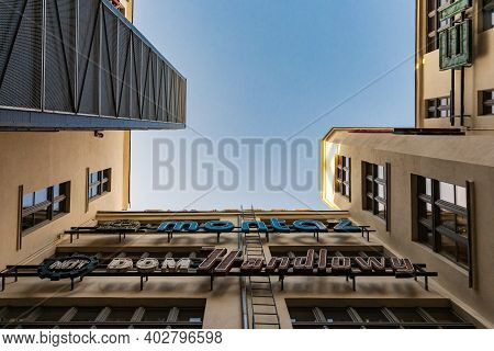 Wroclaw January 16 2020 Upward View To Not Glowing Neons At Sunny Morning