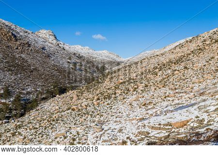 Winter landscape with snow in mountains of Serra do Geres natural park, Portugal