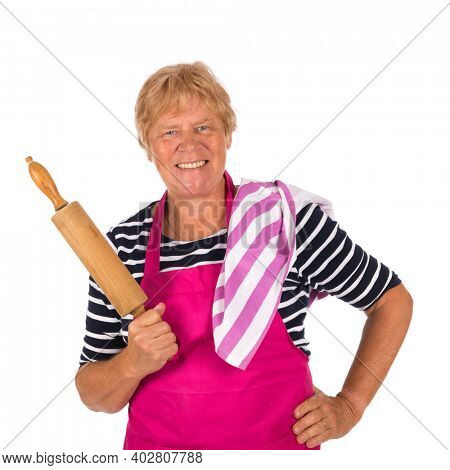 Elder woman with pin roller and apron isolated ovr white background